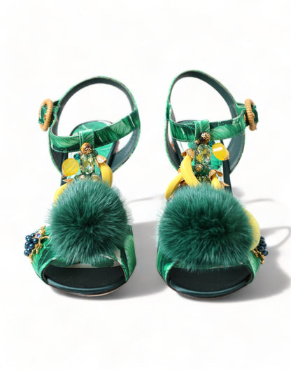 Green Crystal Mink Fur T-Strap Sandals