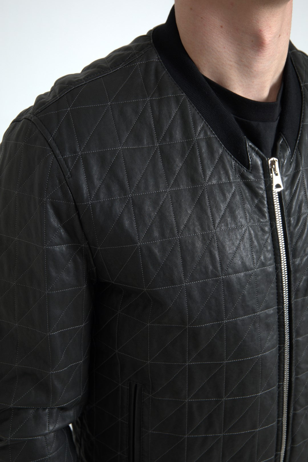 Elegant Black Leather Bomber Jacket