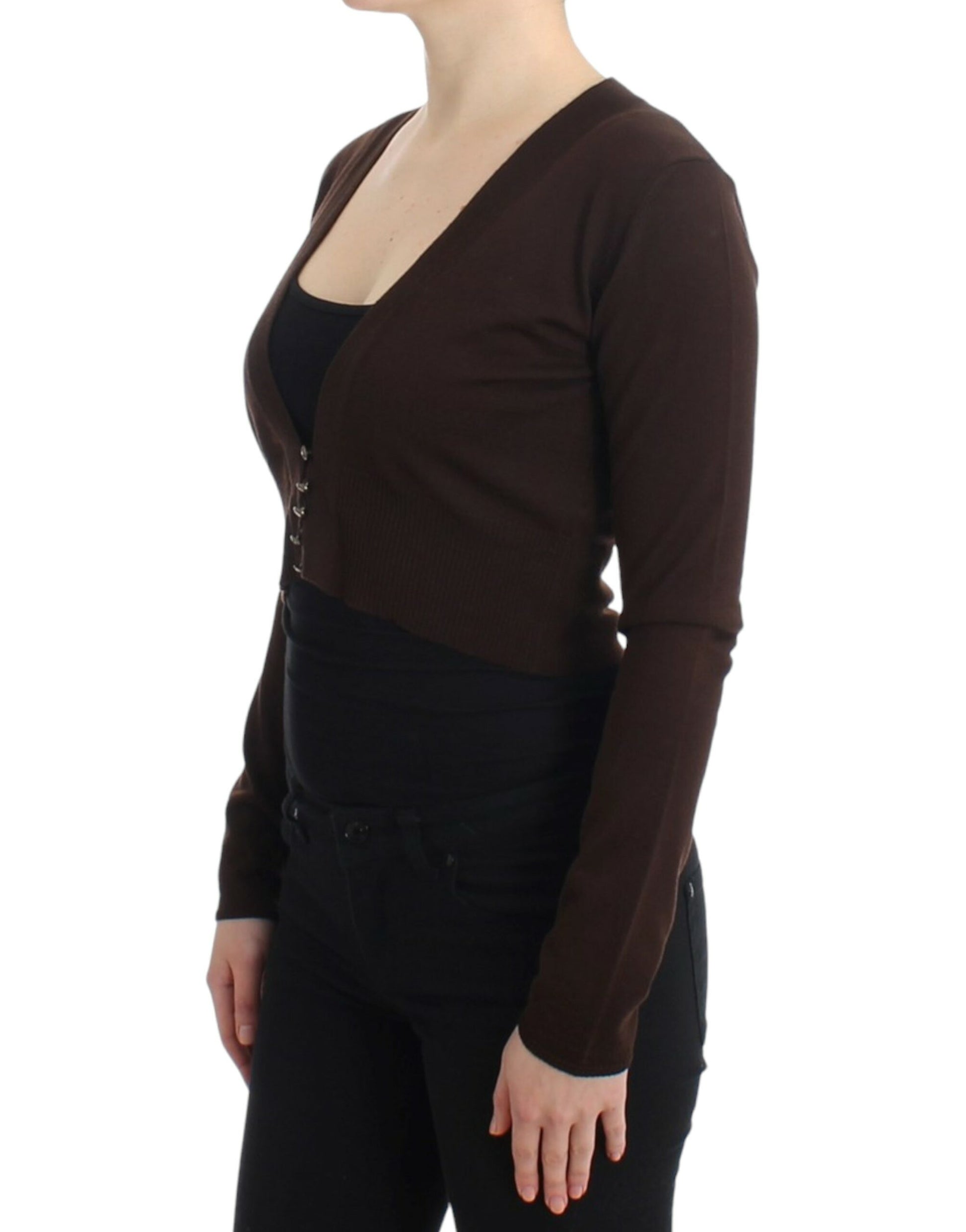 Elegant Brown Virgin Wool Cropped Cardigan