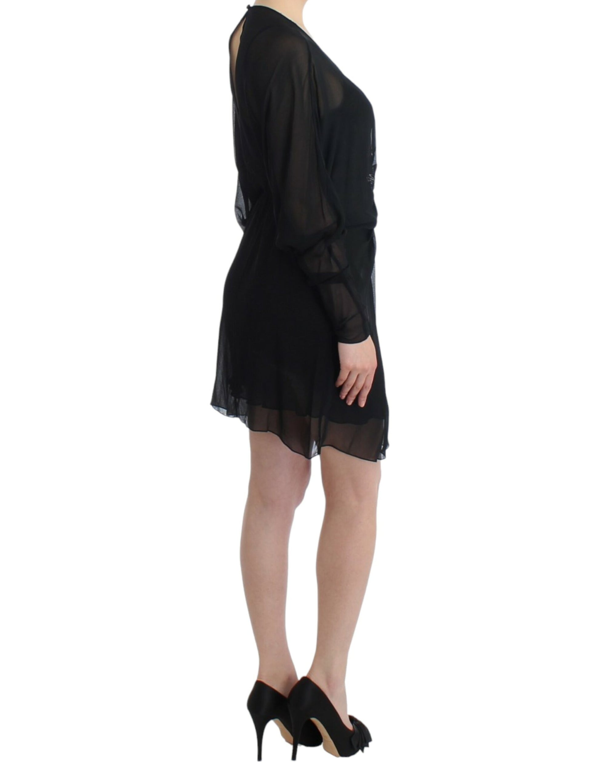 Elegant Sheer Black Silk Blouson Dress