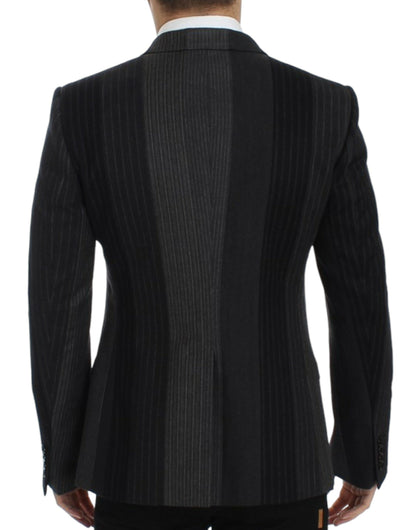 Elegant Gray Striped Wool Slim Blazer