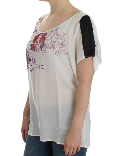 Chic White V-Neck Motive Print Tee