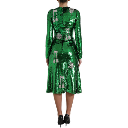 Elegant Below Knee Green Embroidered Dress