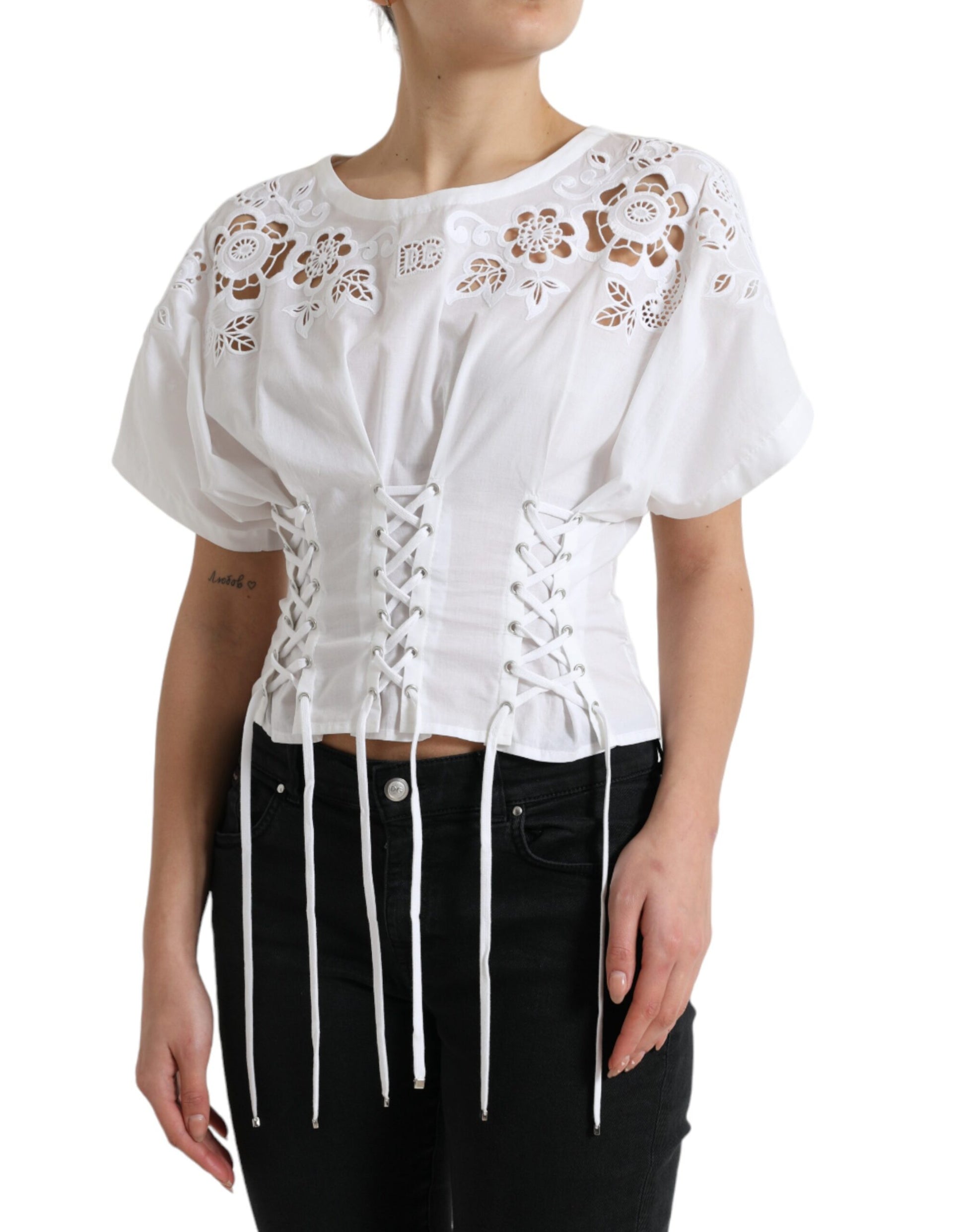 Elegant White Floral Lace-Up Blouse