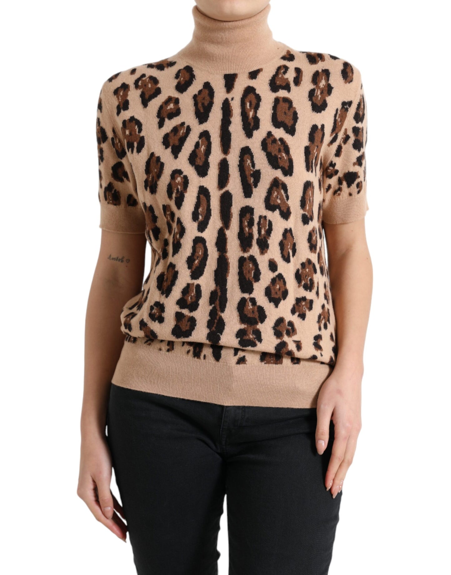 Elegant Beige Leopard Turtleneck Wool Top