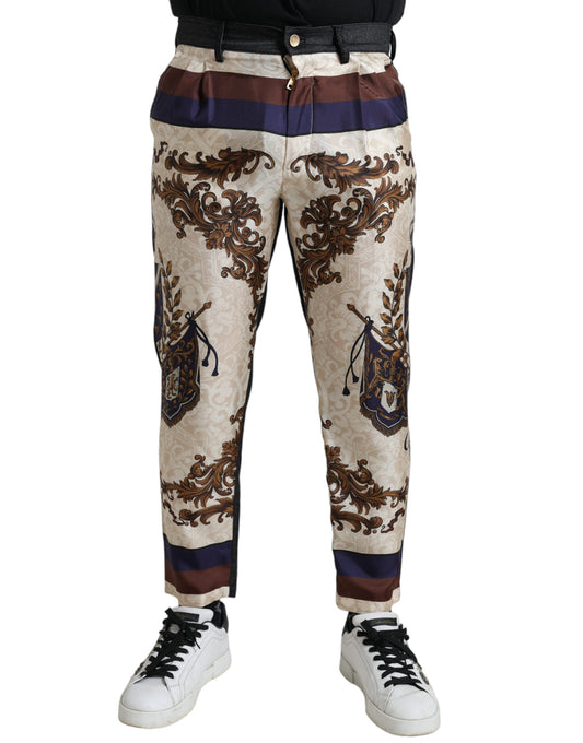 Elegant Silk Skinny Pants with Heraldic Print