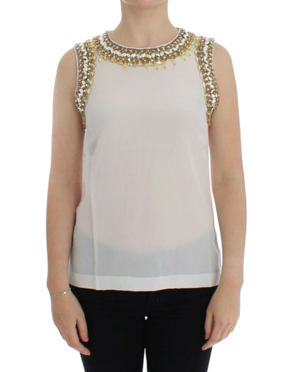 Elegant Sleeveless Silk Blouse with Crystal Embellishment