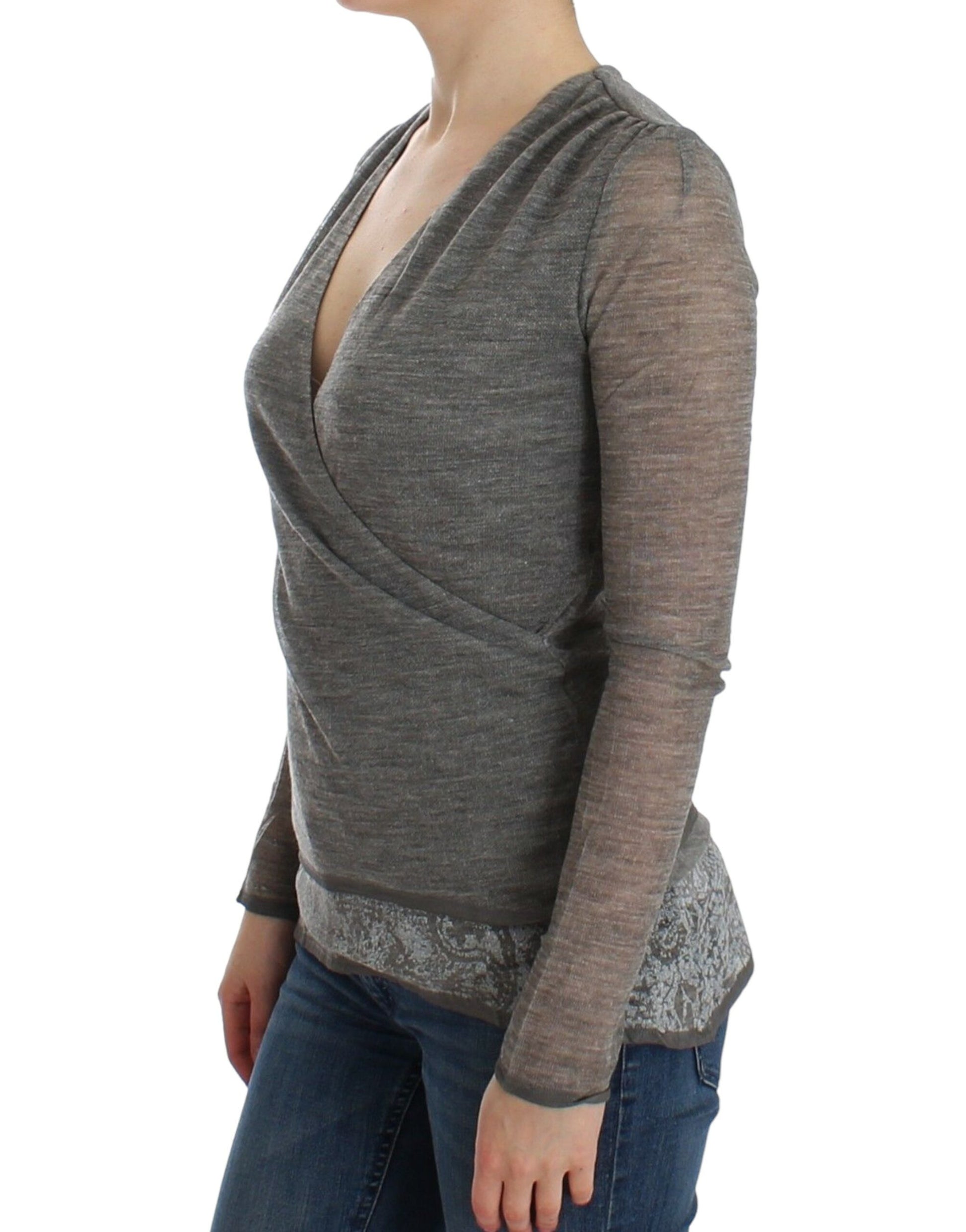 Elegant Gray Wool Blend Deep V-neck Sweater