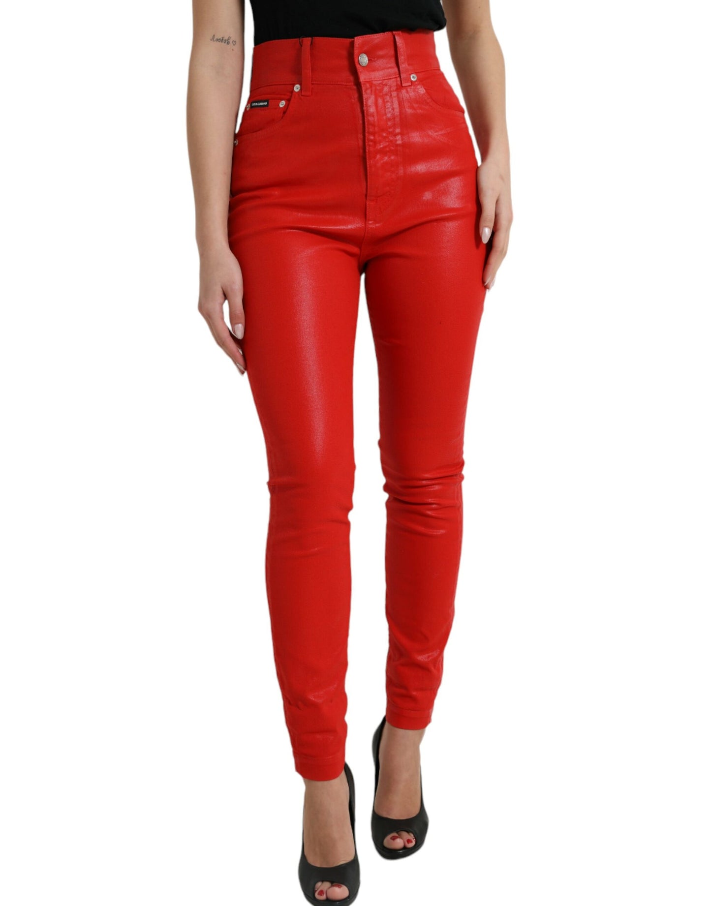 Elegant High-Waist Stretch Denim in Red