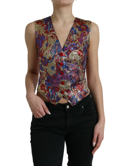 Multicolor Floral Print Jacquard Waistcoat Vest