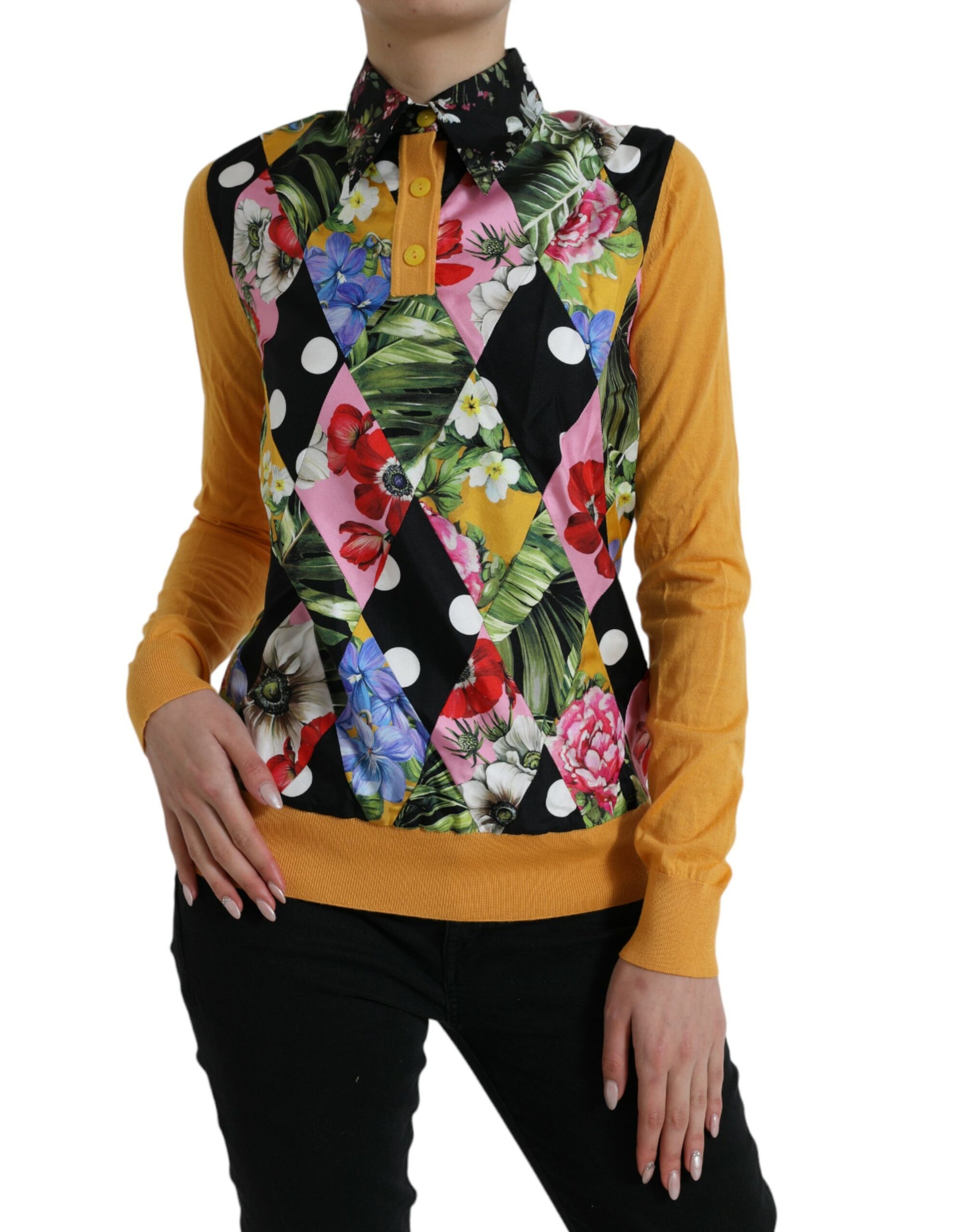 Elegant Patchwork Henley Silk Blend Sweater