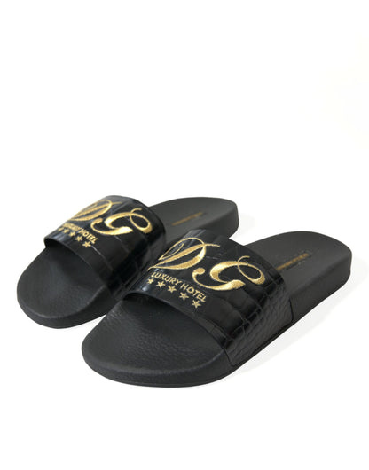 Elegant Black and Gold Leather Slides