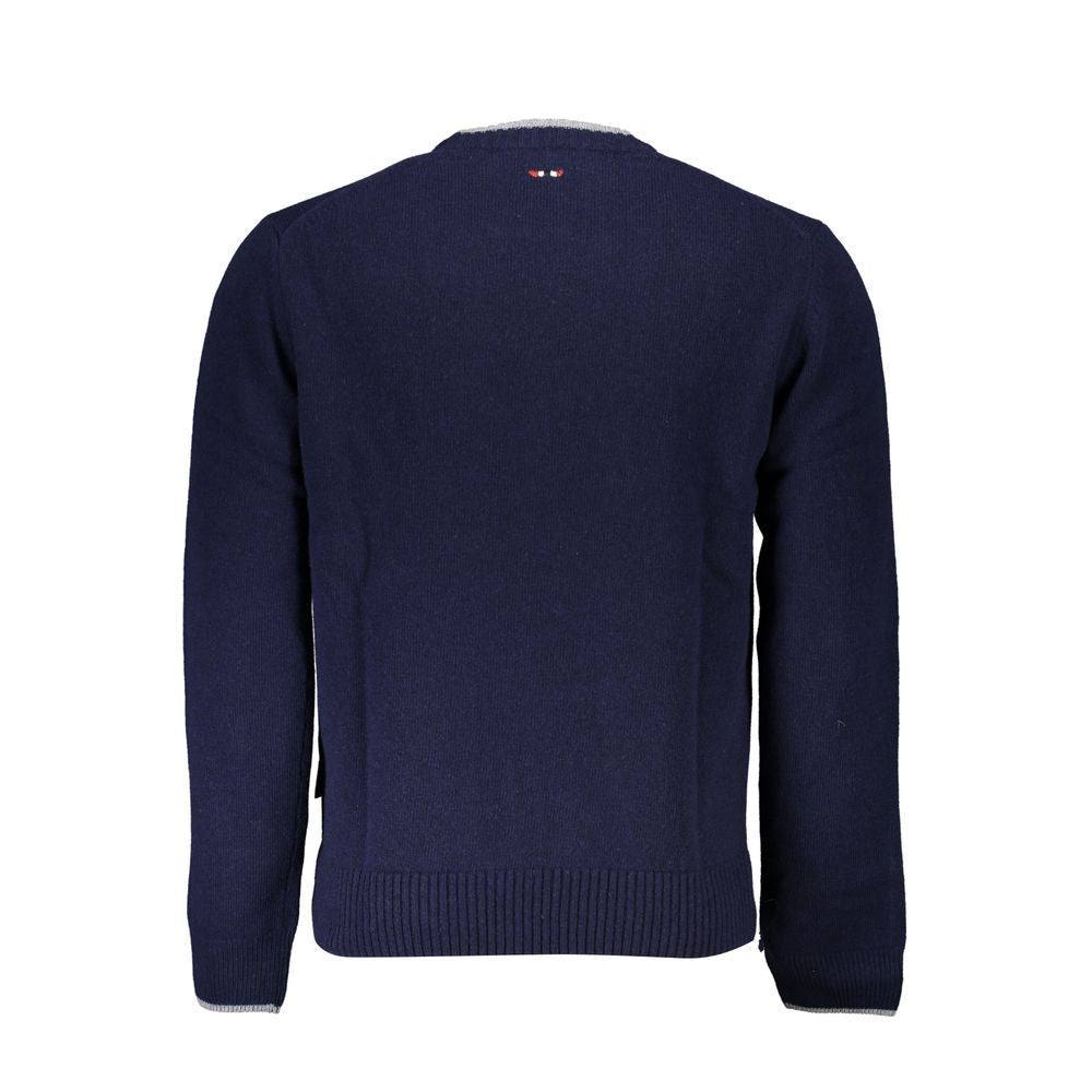 Sleek Blue Crew Neck Embroidered Sweater