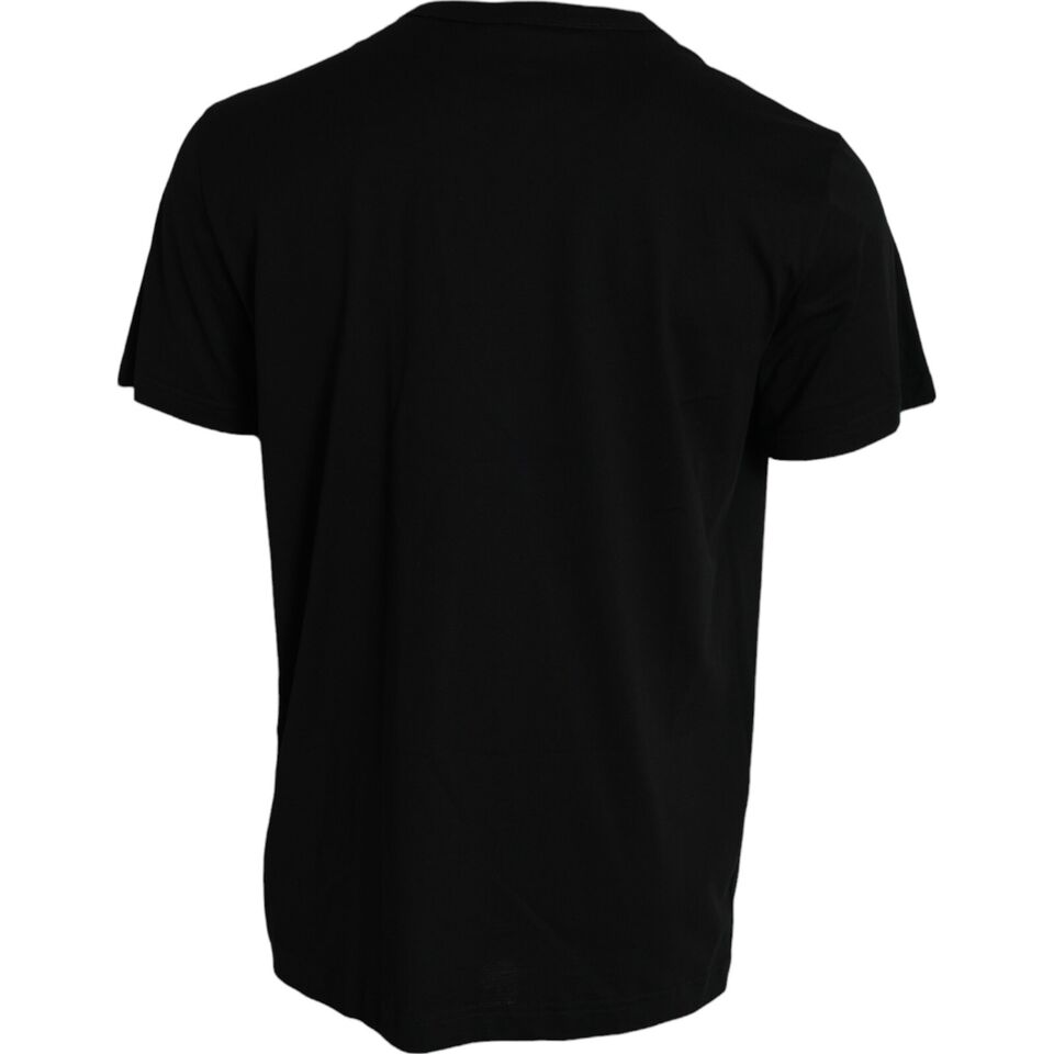 Elegant Black Cotton Crewneck Tee with Dog Tag Detail