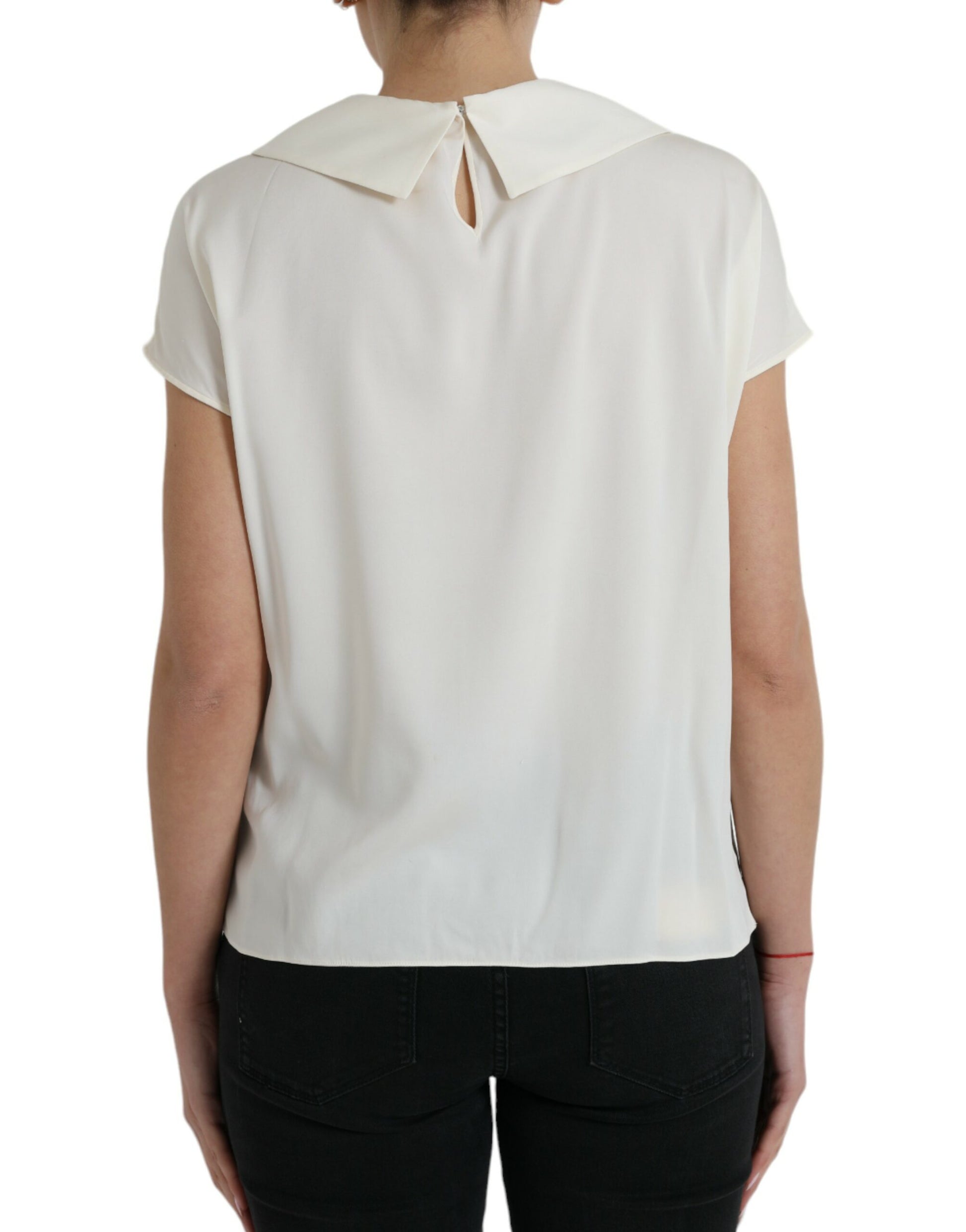 Elegant Off-White Lace-Trim Silk Blouse