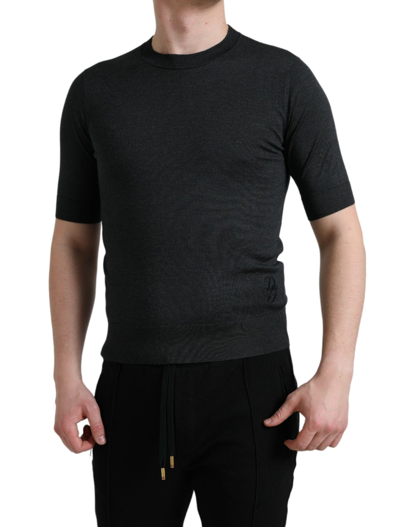 Elegant Silk Crew Neck Tee in Dark Grey