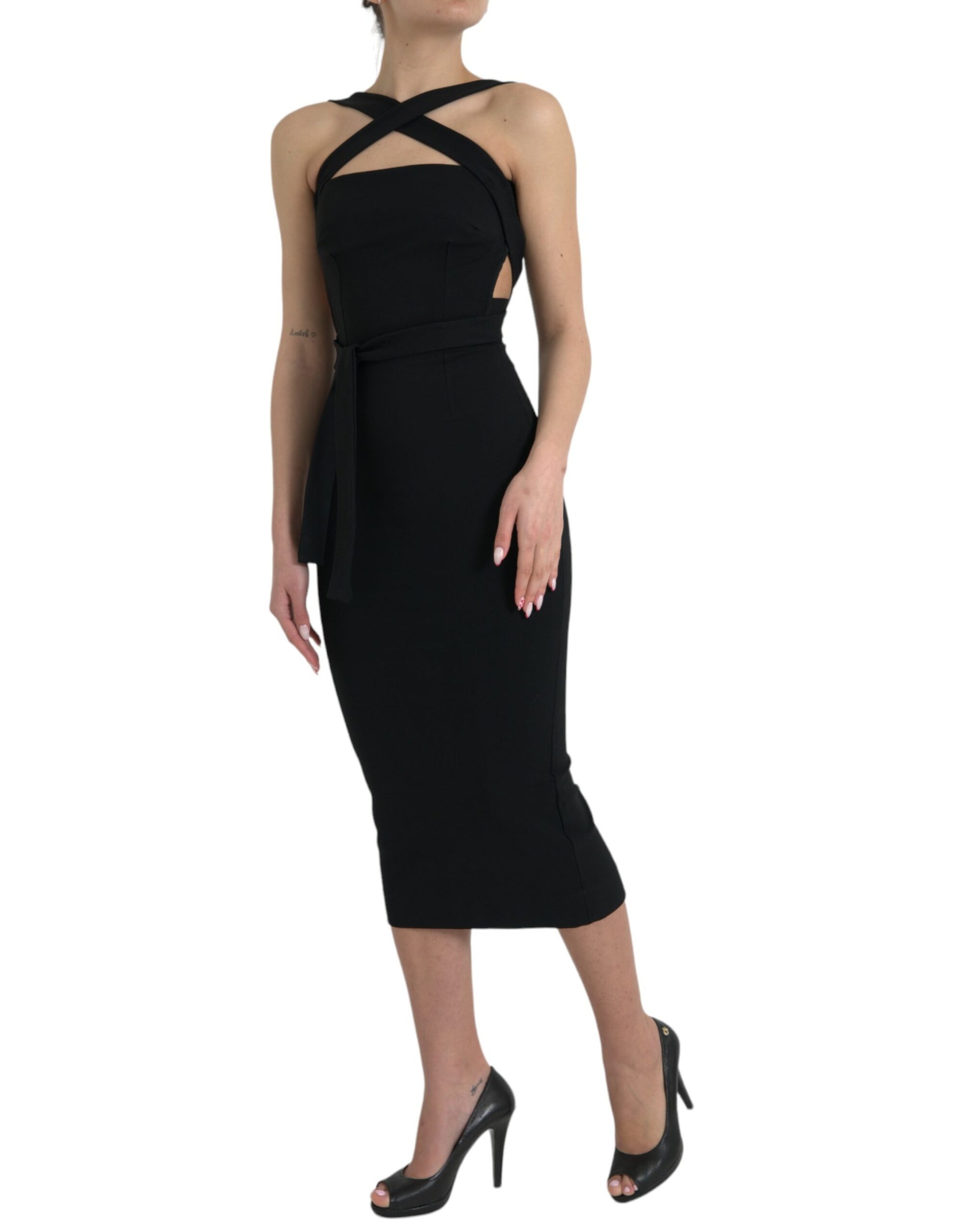 Elegant Black Sheath Halter Midi Dress