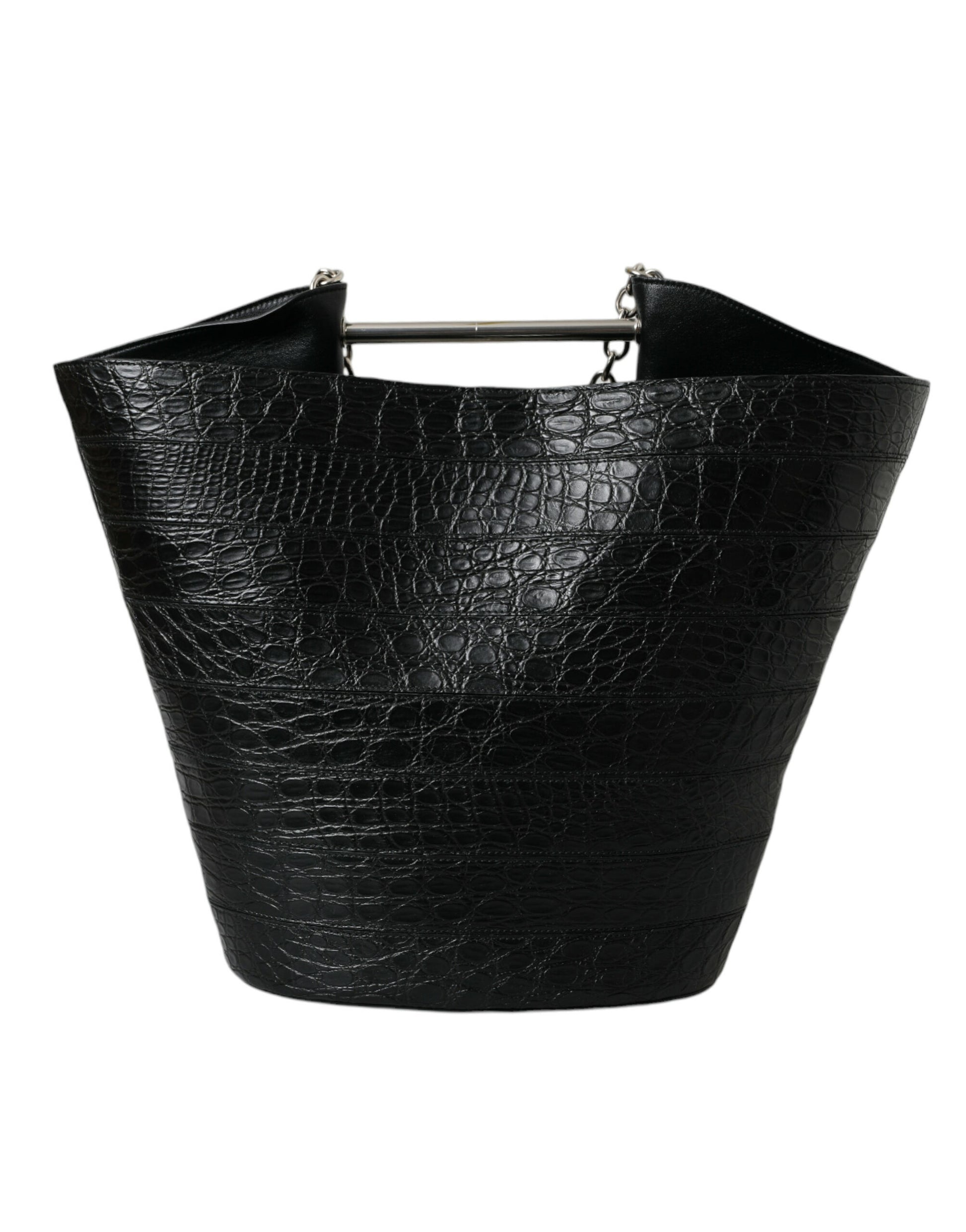 Elegant Black Crocodile Leather Maxi Bucket Bag