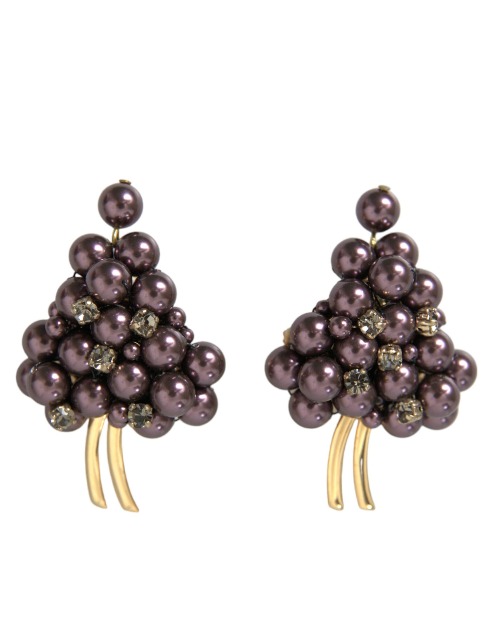 Purple Grape Pearl Sicily Gold Brass Floral Clip On Earrings