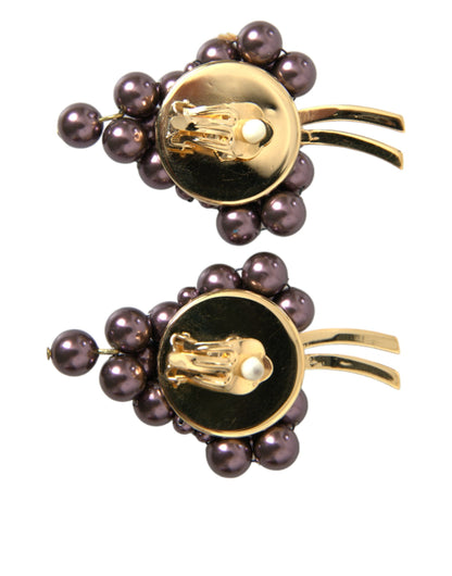 Purple Grape Pearl Sicily Gold Brass Floral Clip On Earrings