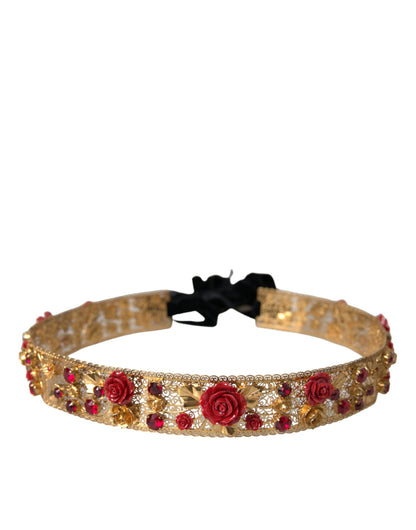 Gold Brass Red Roses Crystal Jewel Waist Belt