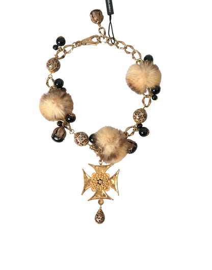 Gold Black Crystals Lapin Fur Filigree Chocker Necklace