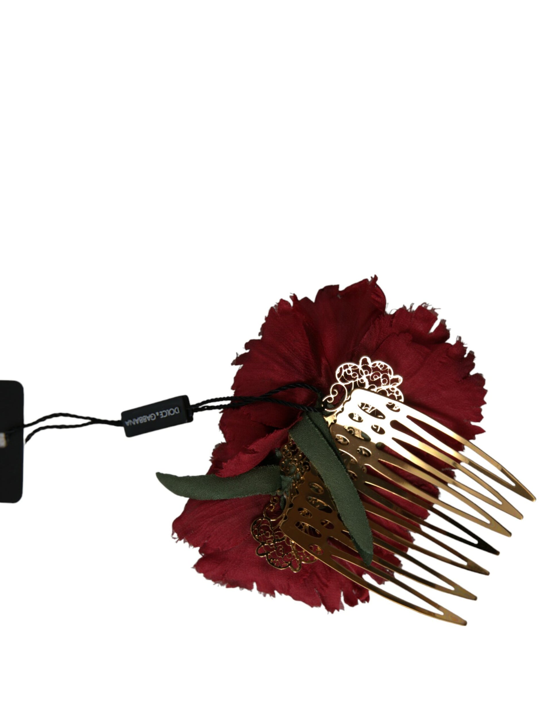 Red Silk Floral Gold Brass Women Hair Comb