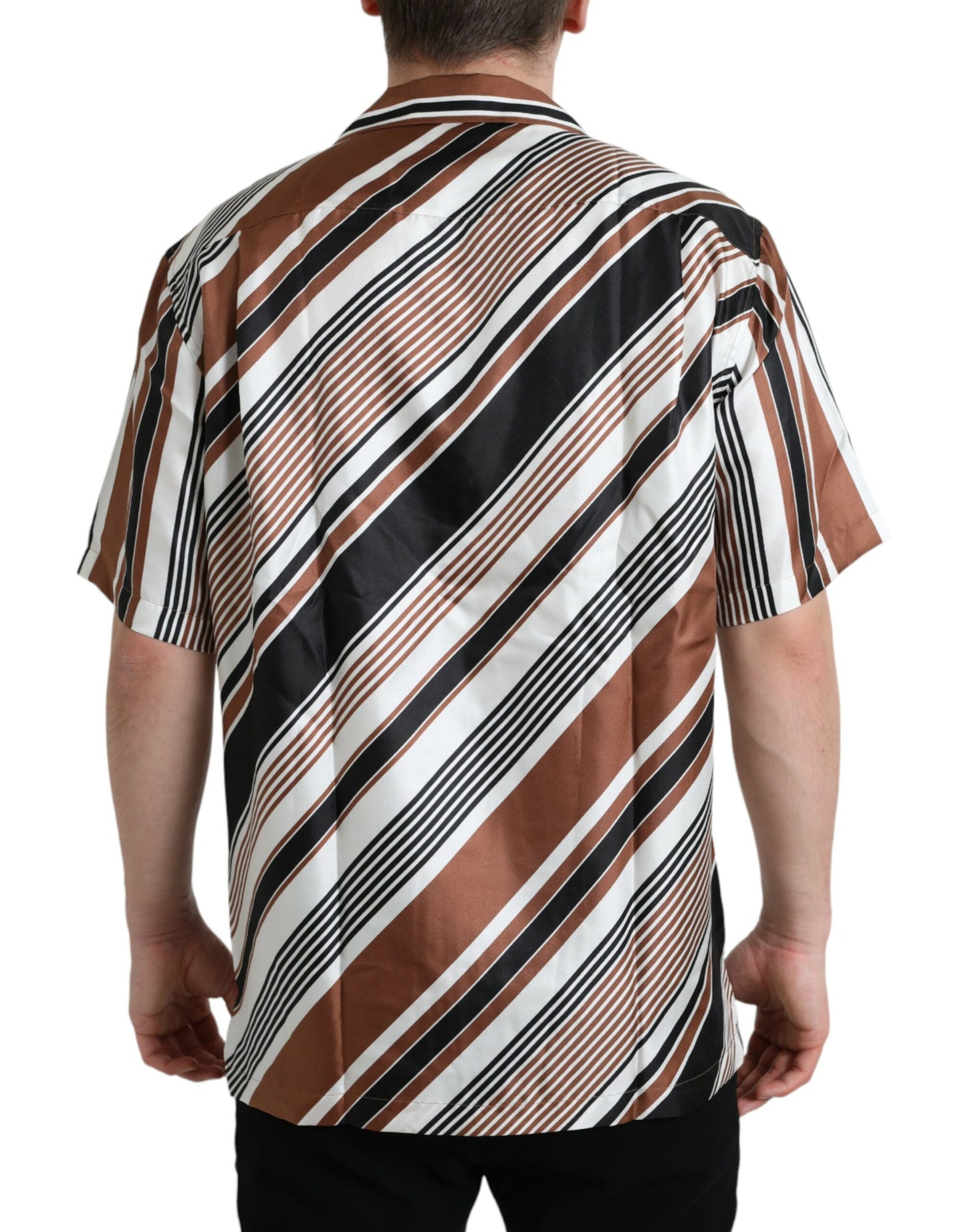 Brown White Silk Striped Short Sleeve Shirt