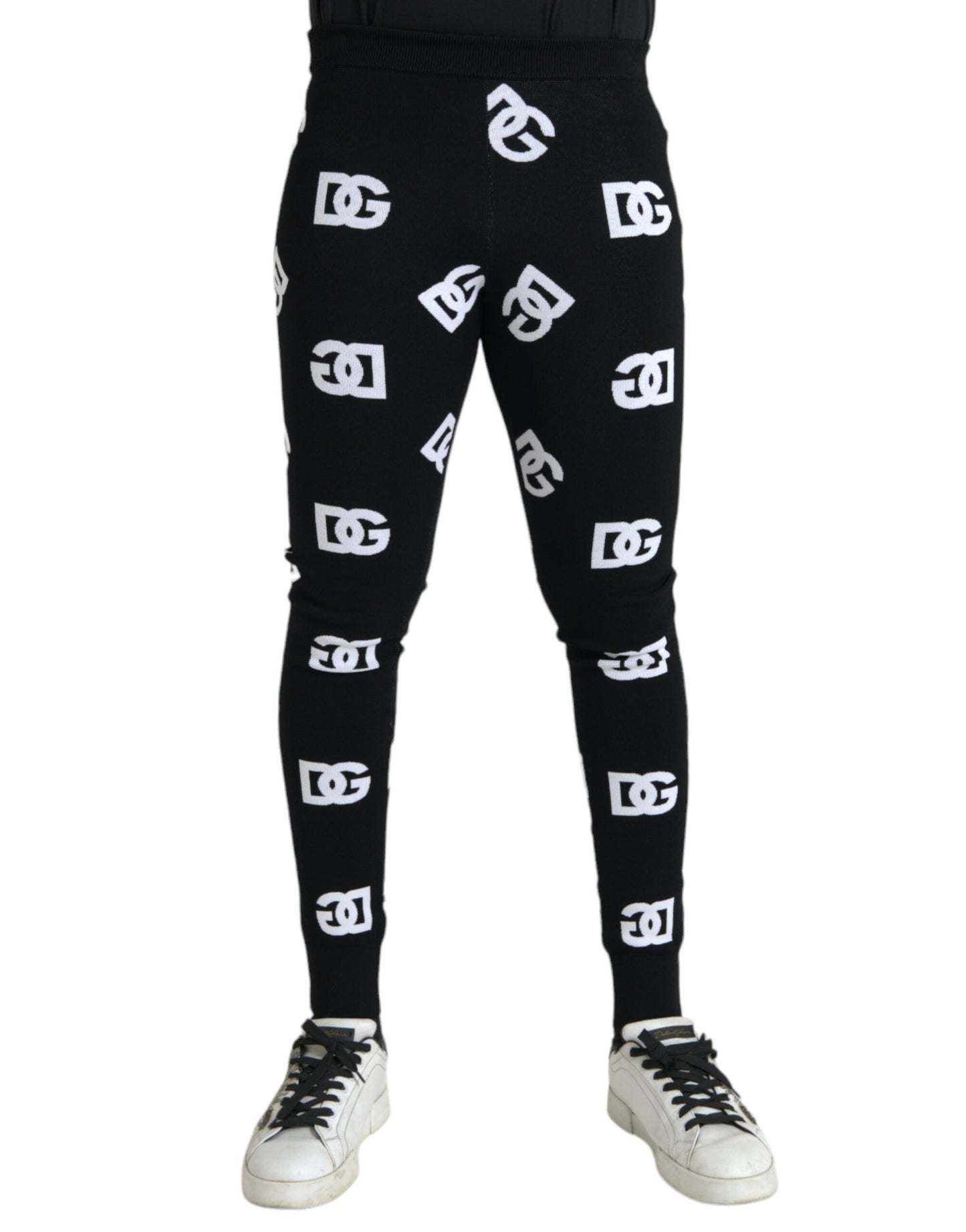 Black Viscose Skinny Men Leggings Logo Print Pants