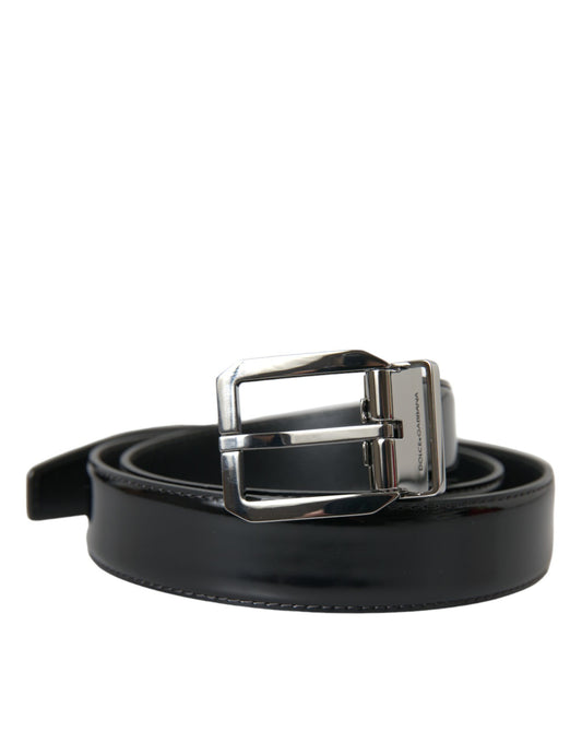 Black Leather Silver Metal Buckle Belt Men