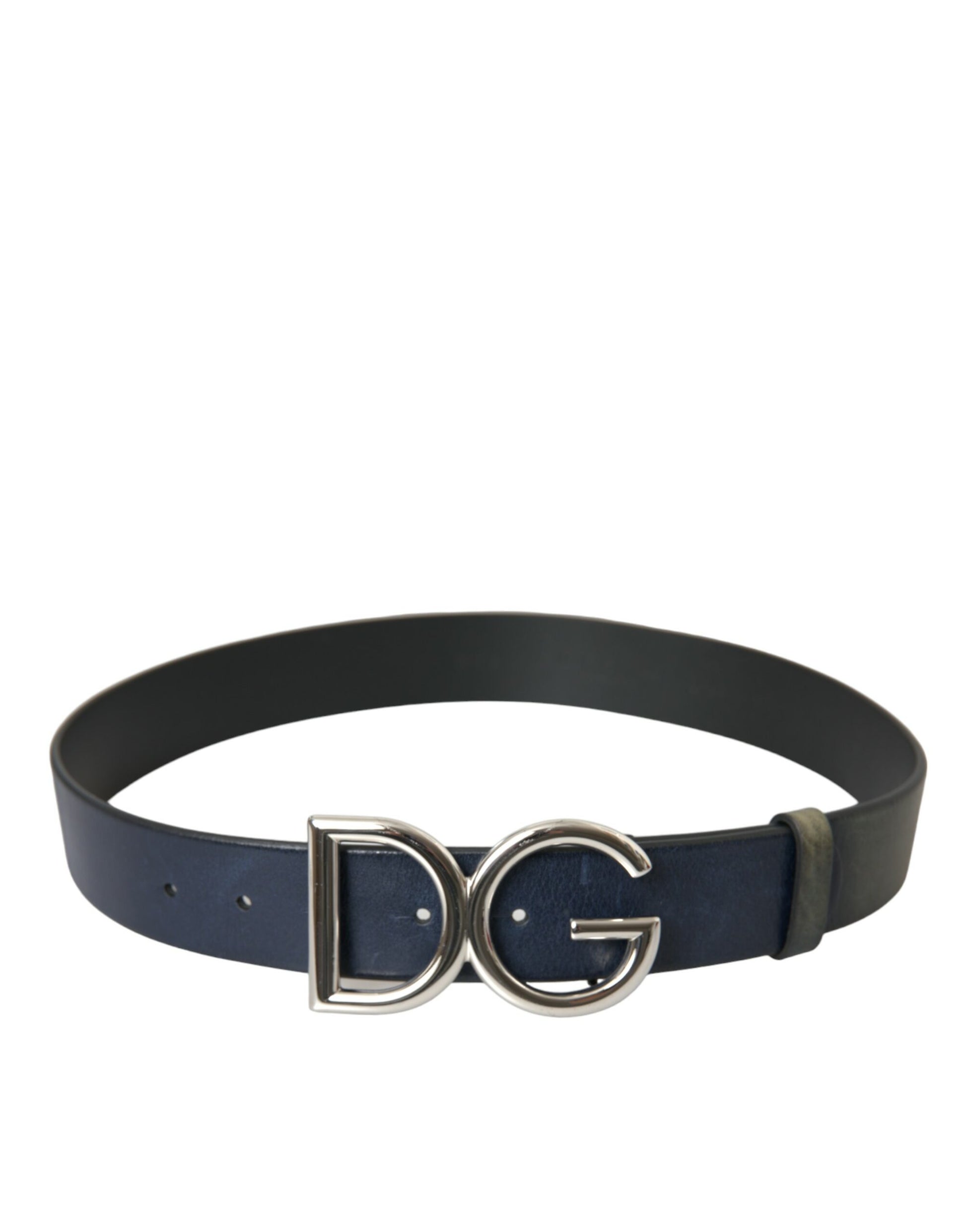 Blue Leather Silver Metal Logo Buckle Belt Men