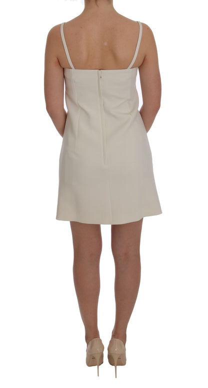 Elegant White Wool Shift Dress with Gold Brooch