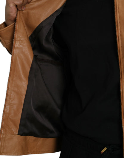 Brown Lamb Leather Full Zip Blouson Jacket