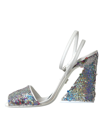 White Silver Sequin Ankle Strap Sandals Shoes