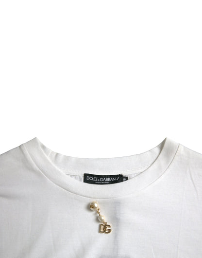 White Embellished Cotton Crew Neck T-shirt