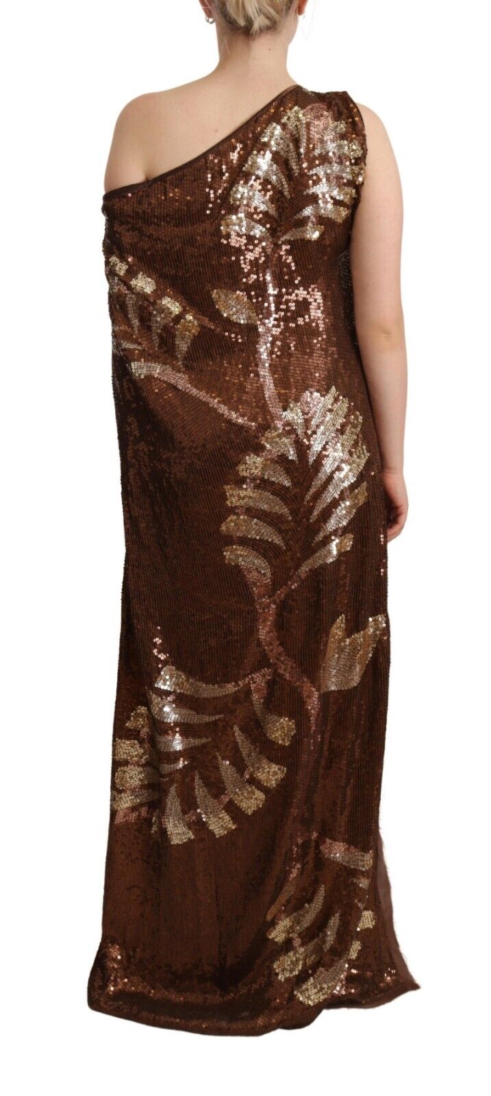 Brown Leaf Sequined Shift One Shoulder Long Dress