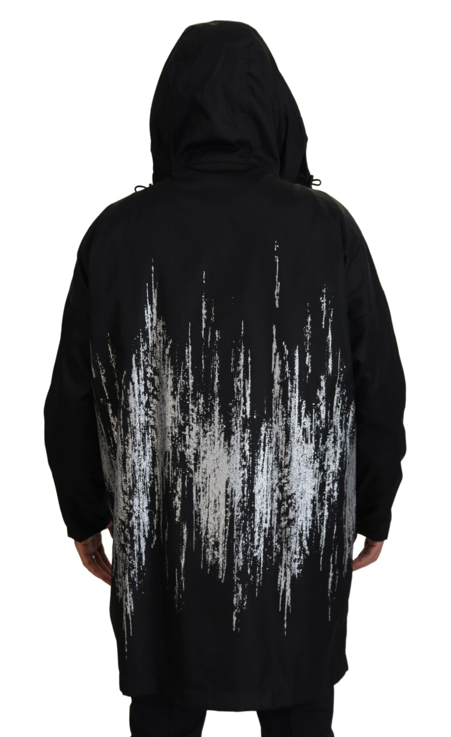 Black White Print Long Hooded Coat Nylon Jacket