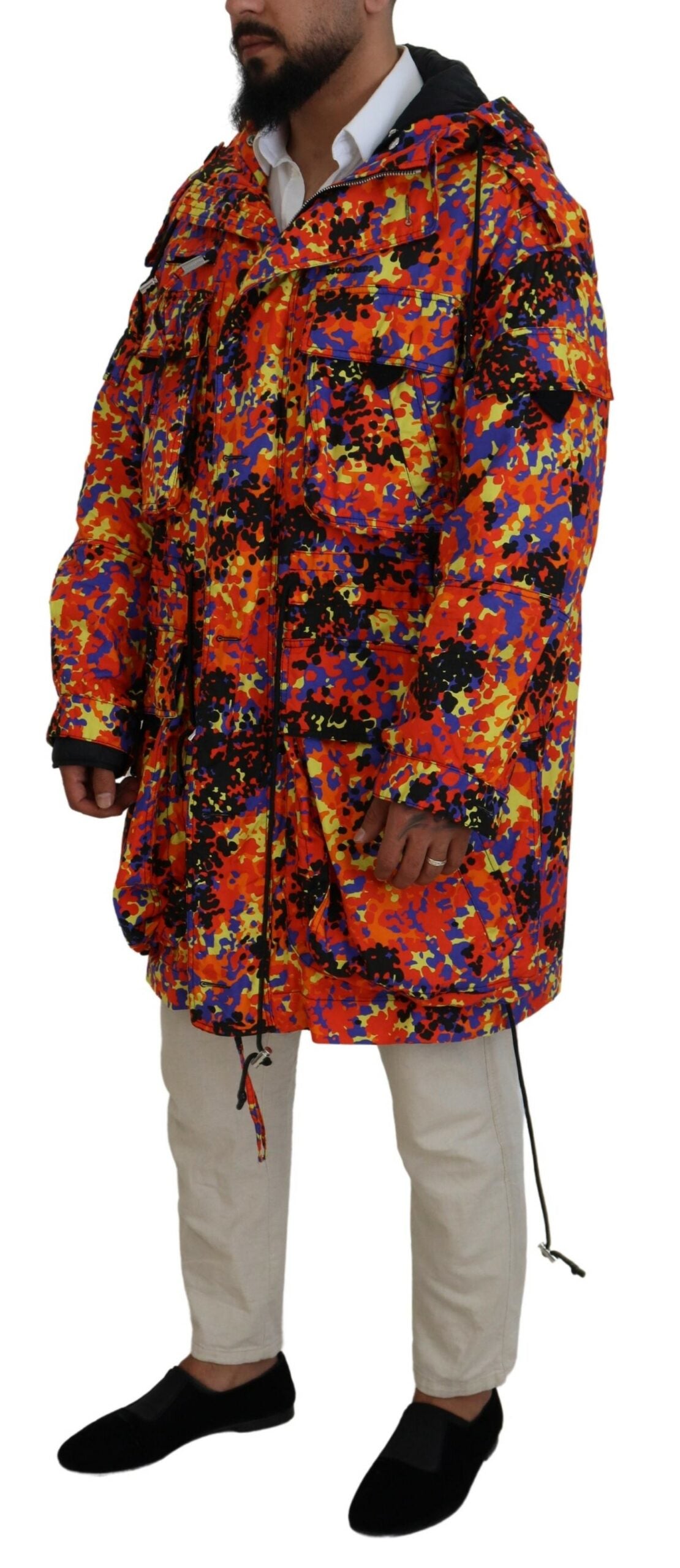 Multicolor Long Hooded Cargo Pocket Coat Jacket