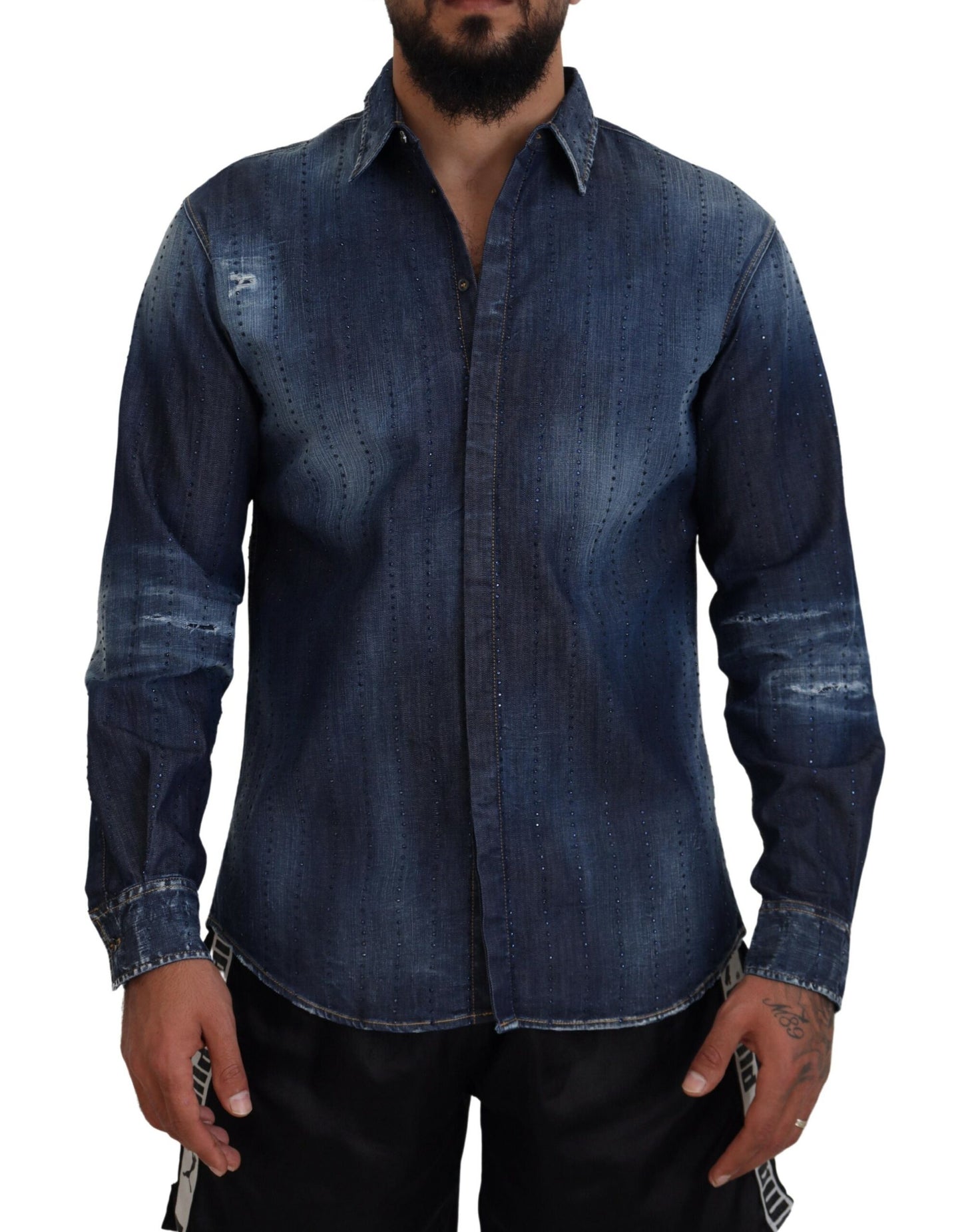 Blue Tattered Crystal Embellished Denim Shirt