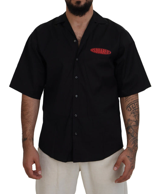 Black Cotton Collared Logo Print Short Sleeve Shirt