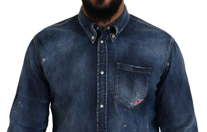 Blue Washed Collared Men Casual Long Sleeves Shirt