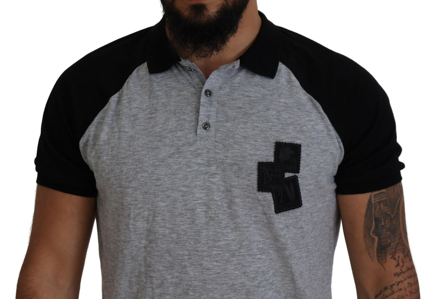 Gray Black Cotton Short Sleeves Collared T-shirt