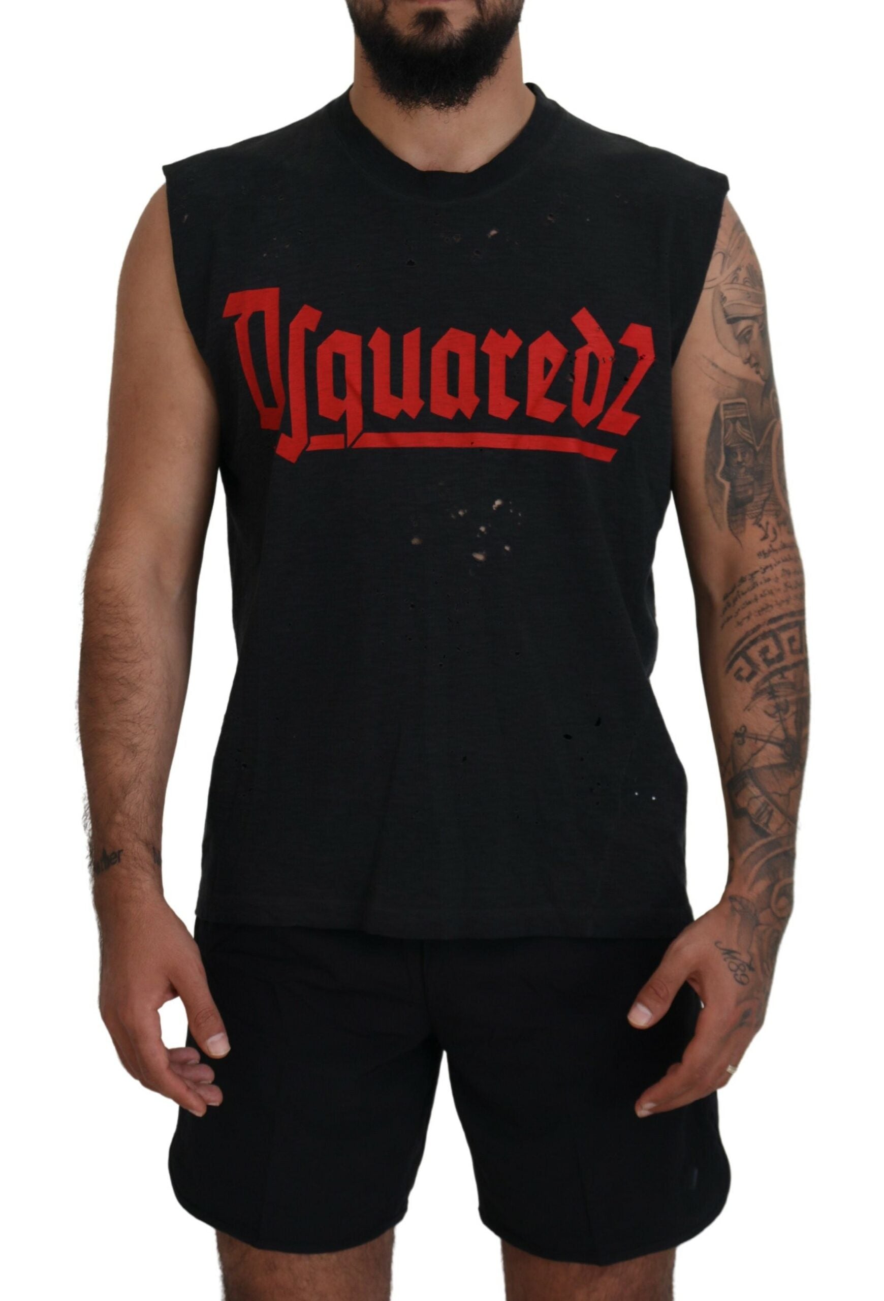 Black Cotton Sleeveless Crewneck Tank T-shirt