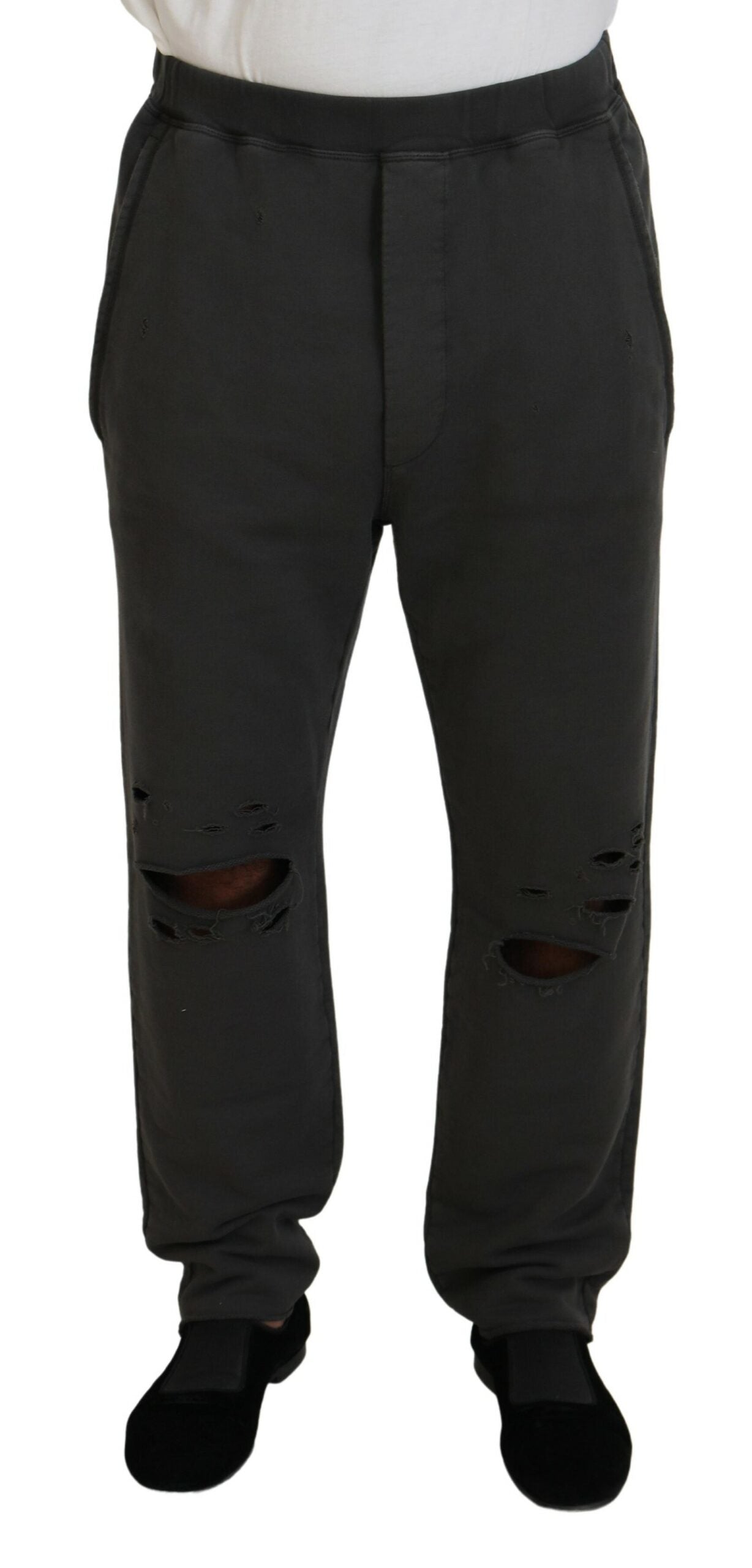 Dark Gray Cotton Men Casual Tattered Pants