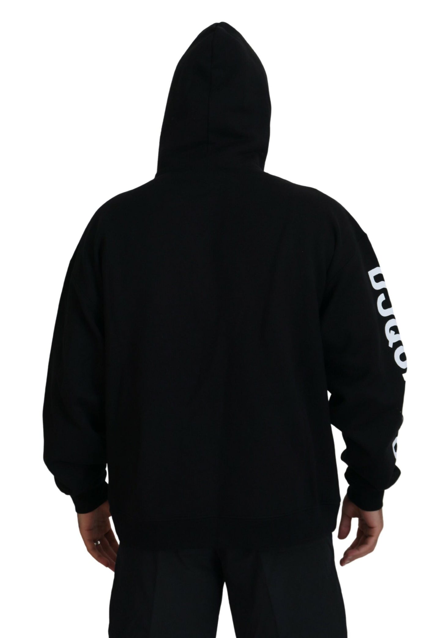 Black Hooded Full Zip Printed Sleeves Sweater