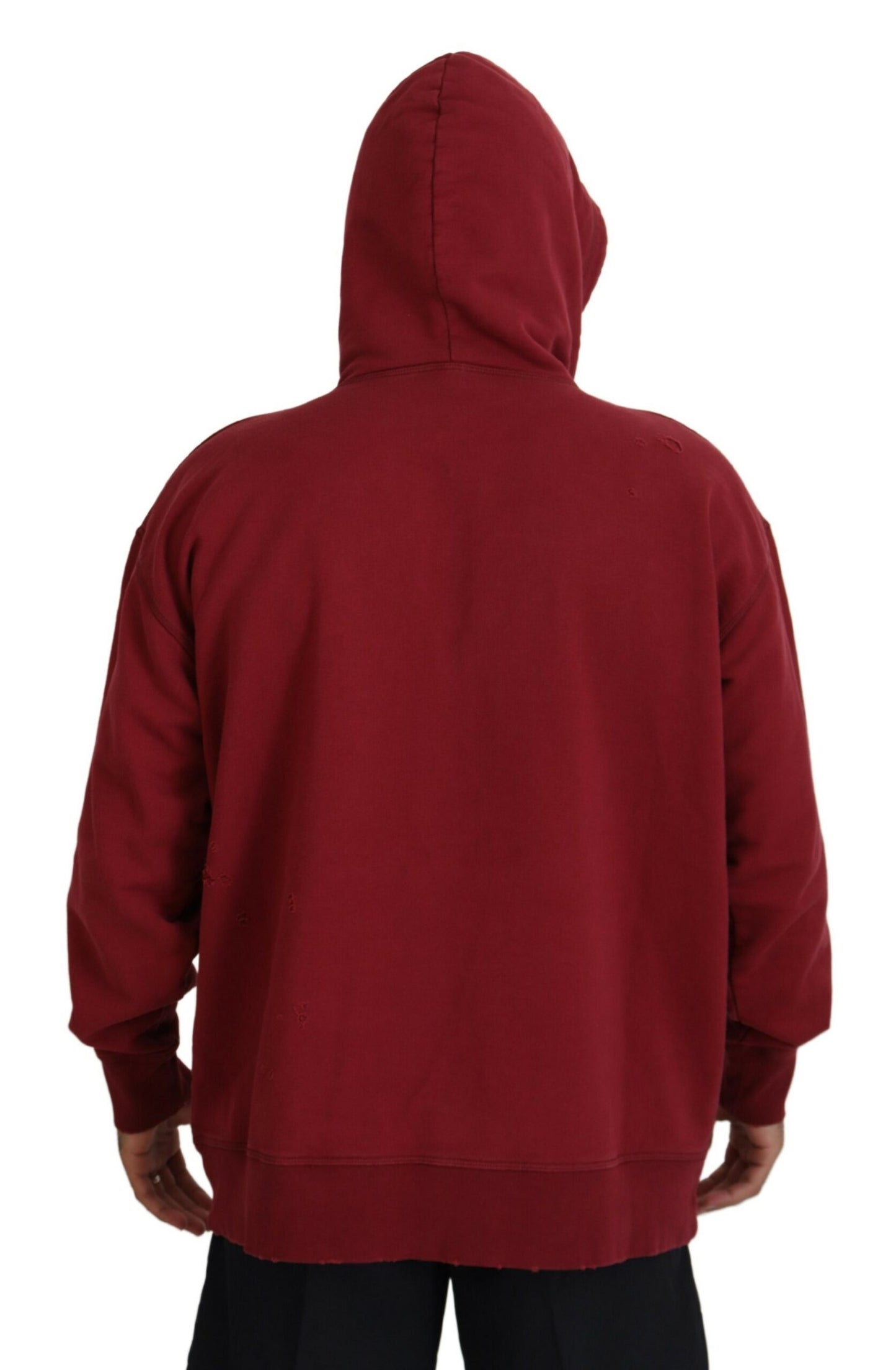 Maroon Cotton Tattered Hooded Printed Pullover Sweater