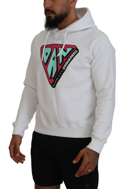 White Cotton Hooded Printed Pullover Sweater