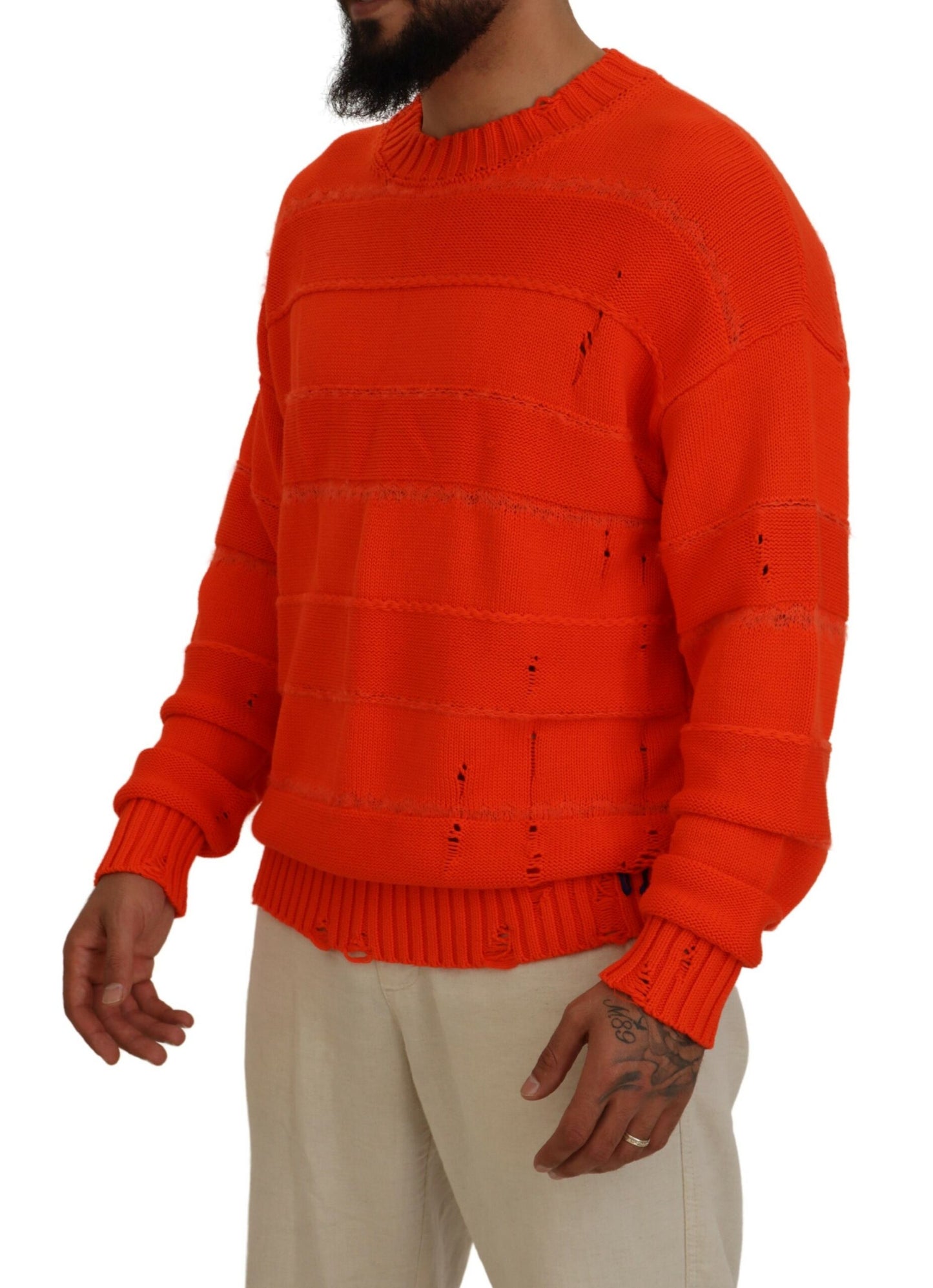 Orange Cotton Long Sleeves Men Pullover Sweater