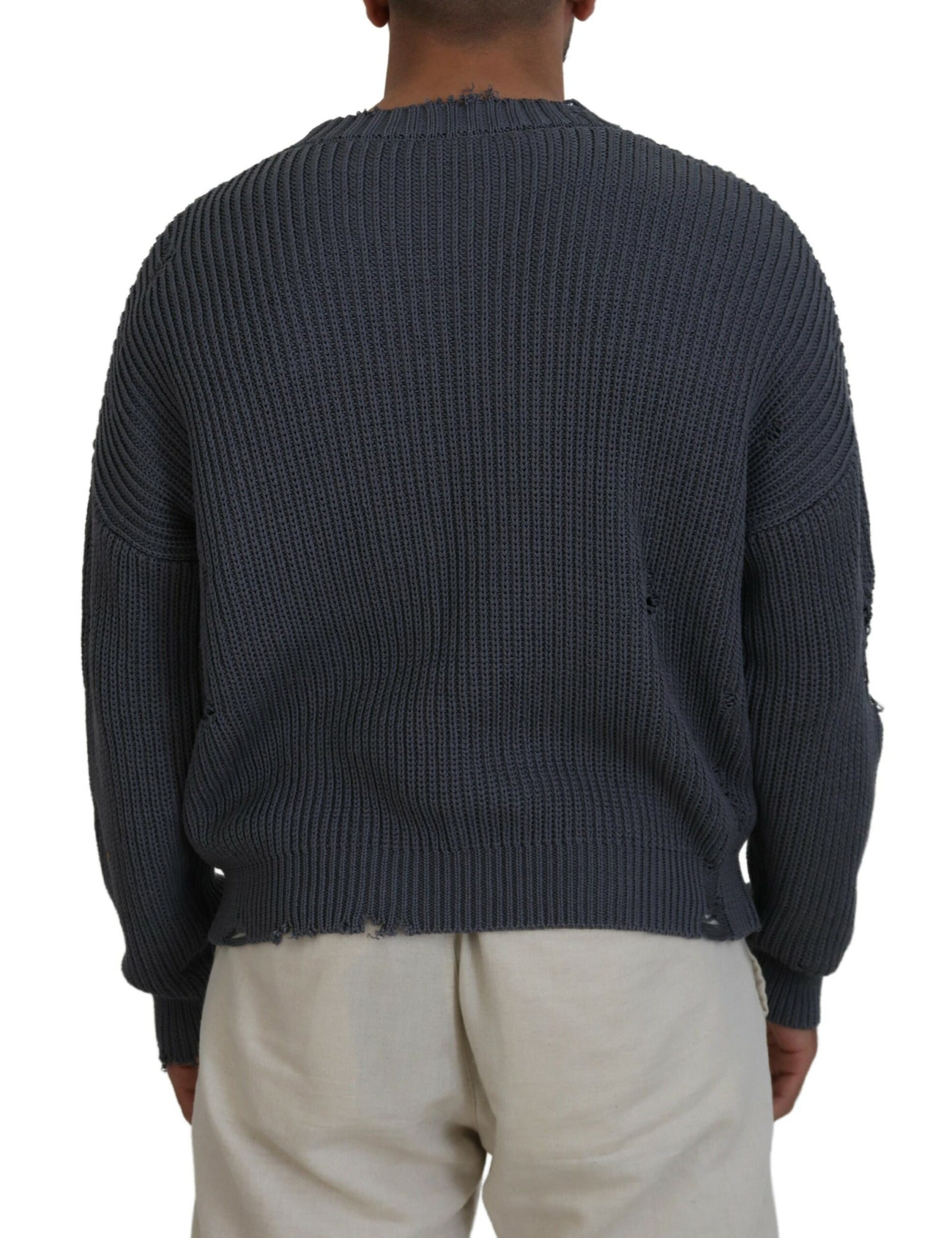 Gray Men Tattered Knitted Pullover Sweater