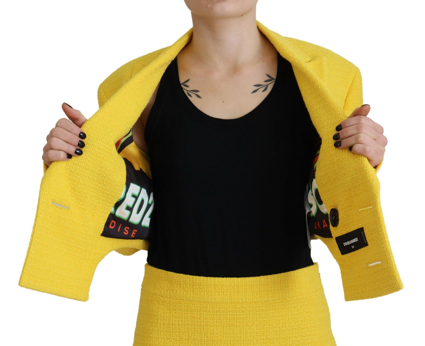 Yellow Double Breasted Mini Suit Blazer Skirt Set